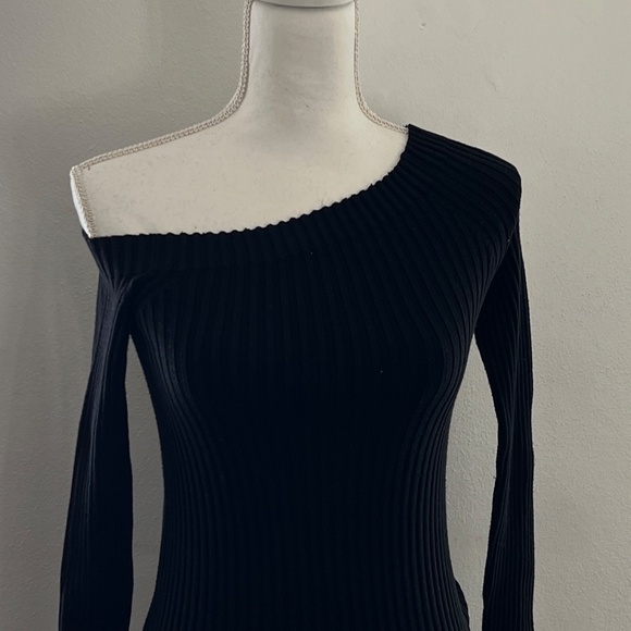 Helmut Lang Black Ribbed Fitted Asymmetrical Neck Dress Medium - Picture 2 of 9